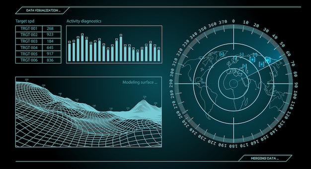 Military green radar. Screen with target. Futuristic HUD interface. Stock vector illustration.