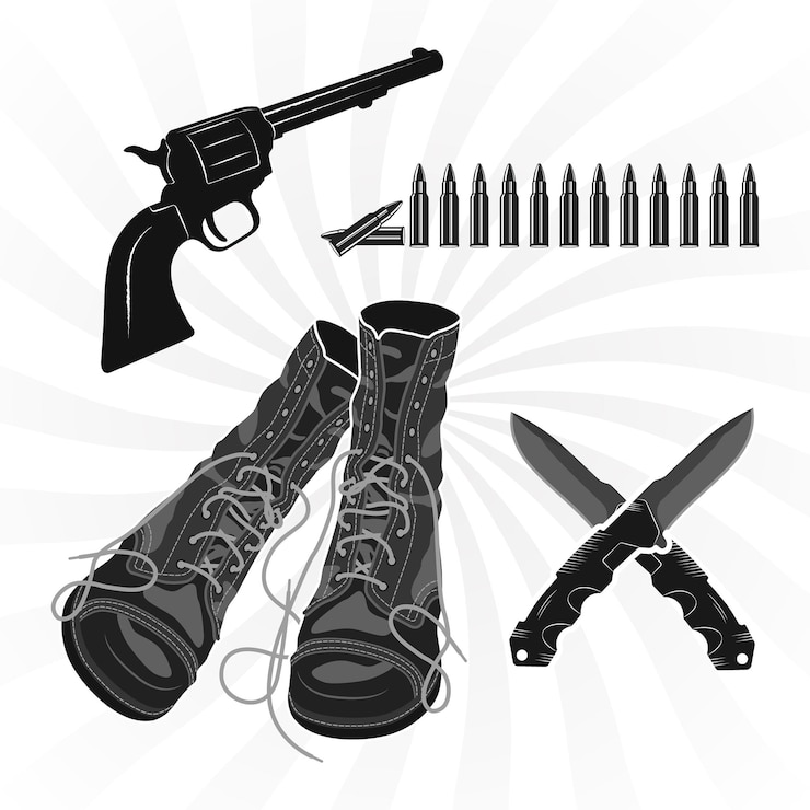 वेक्टर military gun and leather boots with knife vector illustration