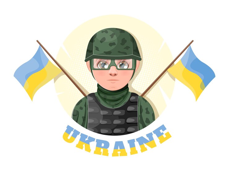 Вектор военный парень с украинским флагом и надписью украина