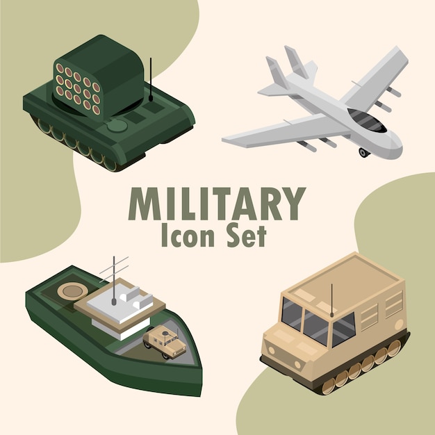 Military icon set include plane, tank, ship illustration