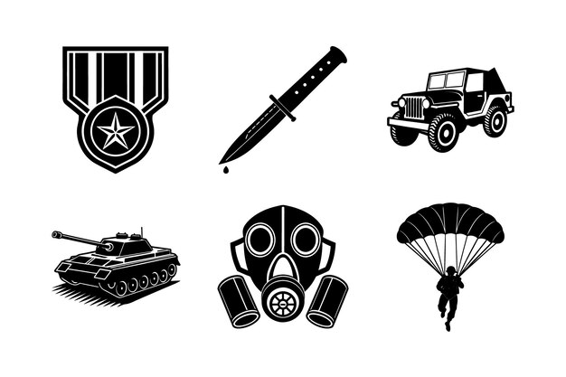 Military Icons Medal Knife Jeep Tank Gas Mask and Parachute