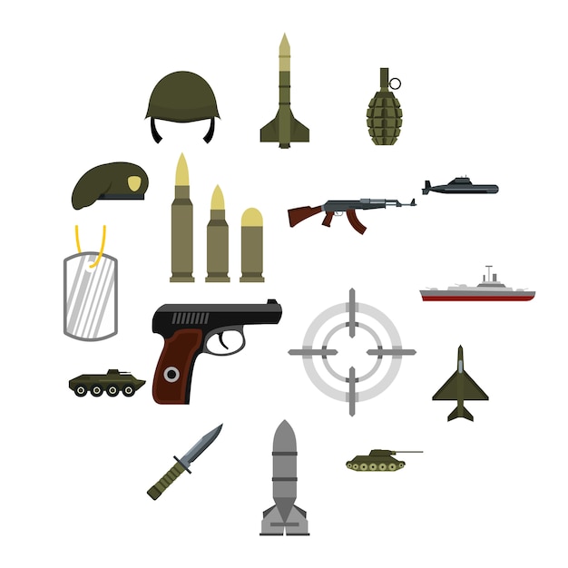 Vector military icons set, flat style