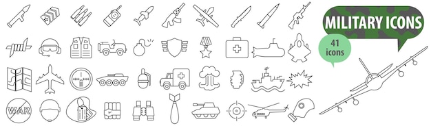 Military icons Simple thin line military icons Vector illustration