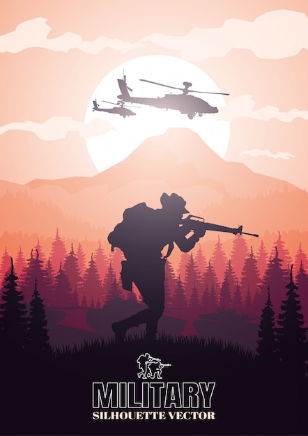 Illustrazione militare, sfondo dell'esercito, sagome di soldati.
