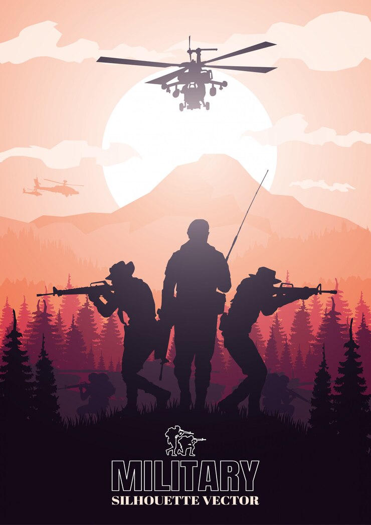 Vector military illustration, army background, soldiers silhouettes.