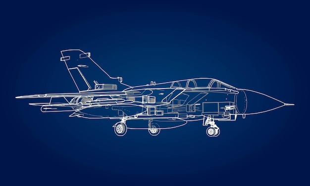 Military jet fighter silhouettes. Image of aircraft in contour drawing lines. The internal structure of the aircraft.