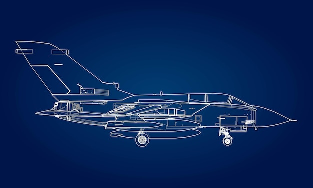 ミリタリージェット戦闘機のシルエット。輪郭描画線での航空機の画像。航空機の内部構造。