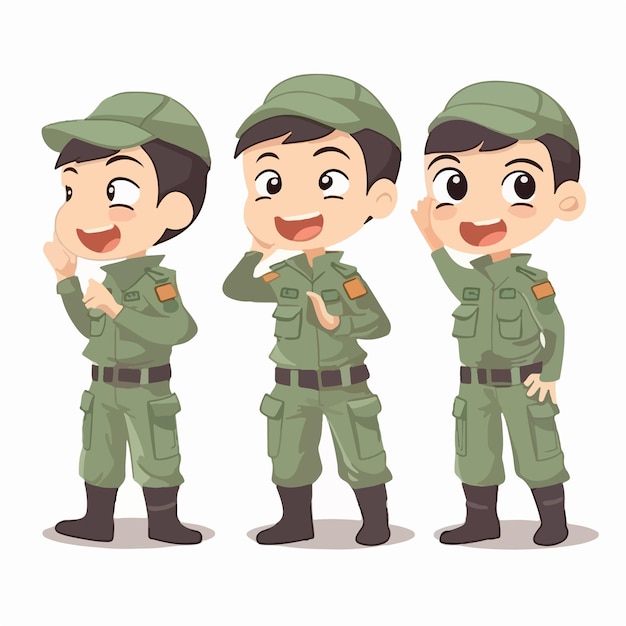 Military kid with soldier gear vector pose young boy cartoon style