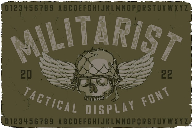 Vettore carattere di etichetta militare denominato militarist carattere tipografico originale per qualsiasi tuo design come poster, magliette, etichette con logo, ecc