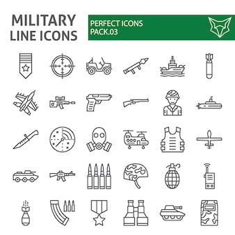 Insieme dell'icona di linea militare, collezione dell'esercito