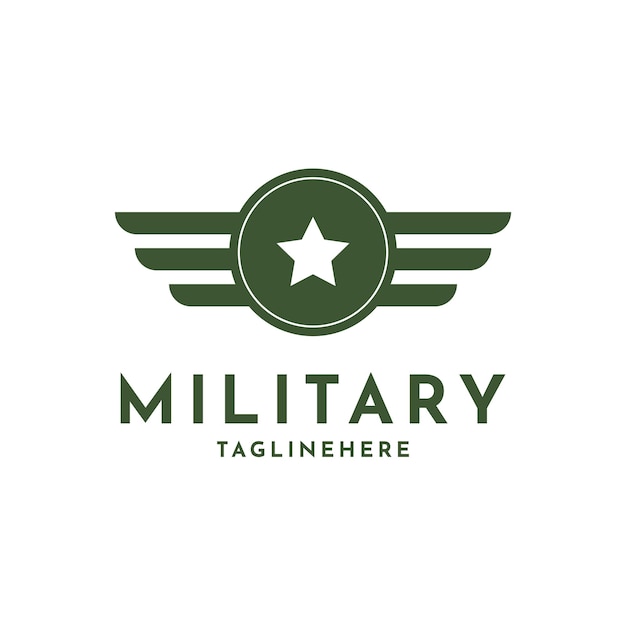 シンボルサークルと翼ミリタリースターシンボルベクトルイラストを備えた軍事ロゴデザインテンプレート