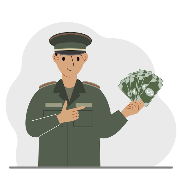 Вектор Военный держит в руке много денег концепция оплаты военной службы или службы в армии по контракту