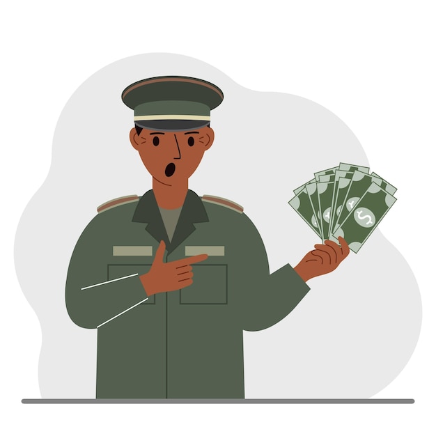 Military man holds a lot of money in his hand The concept of payment for military service or service in the army under a contract