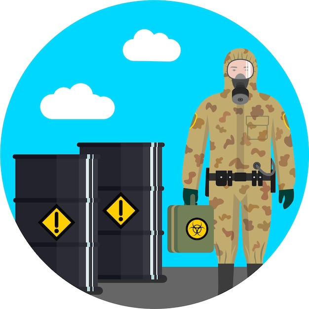 Вектор Военный в камуфляже, защитный костюм от радиации, биологическая опасность, газовая маска с металлическими бочками.