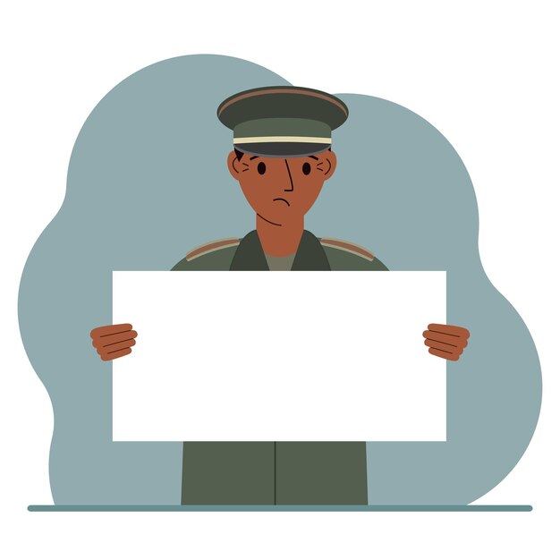 A military man in uniform holds a white sheet of paper in his hands concept for advertising poster banner