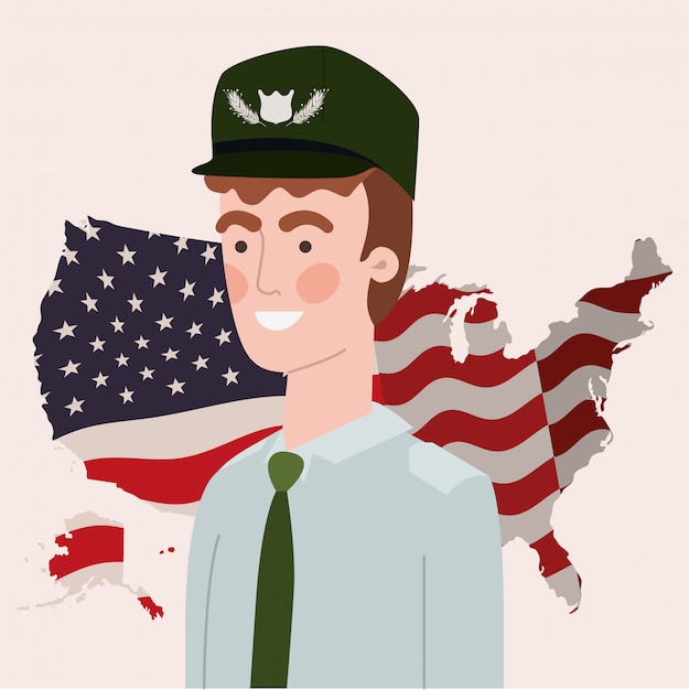 Vector military man with usa map and flag