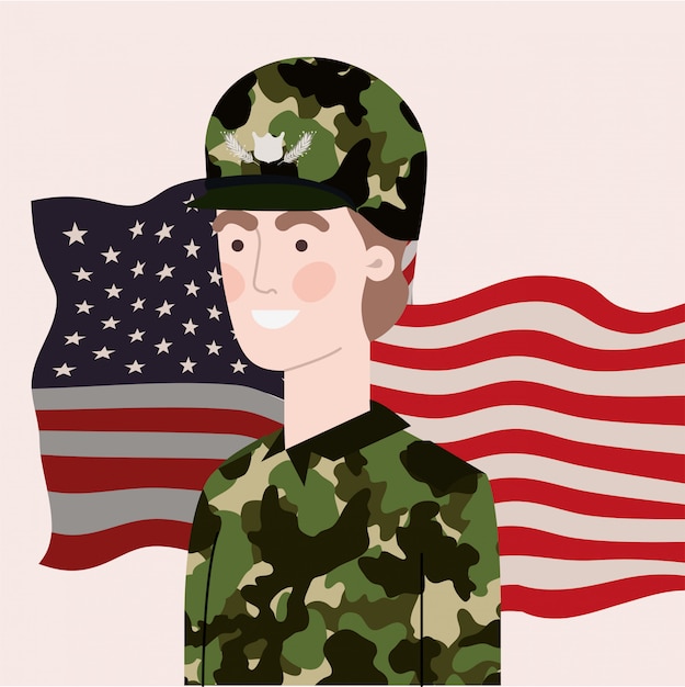 Vector military man with waving usa flag