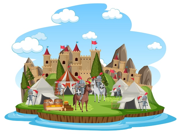 Military medieval camp on white background