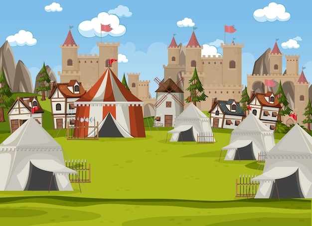 Military medieval camp with tents and weapons