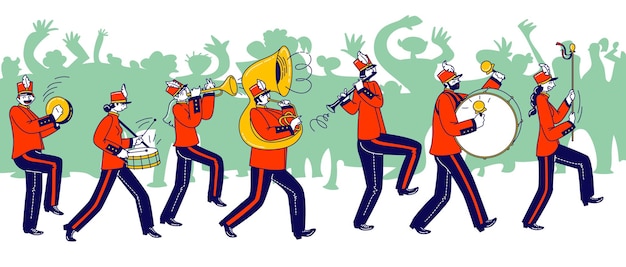 Vector military orchestra characters wearing festive red uniform and hats