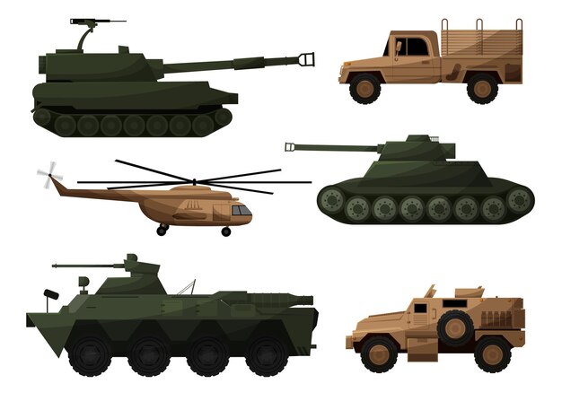 Vector military production set new type of weapon flat vector illustration