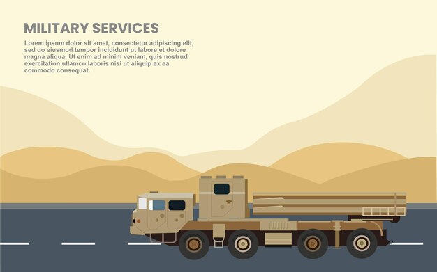 Military's services isolated on highway in the desert and
mountains nature background