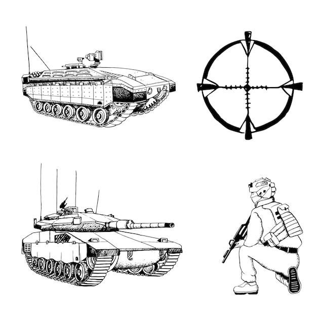 벡터 메르카바 크와 인력 운반 차량 namer의 군사 세트와 저격수 병사 및 광학 시야