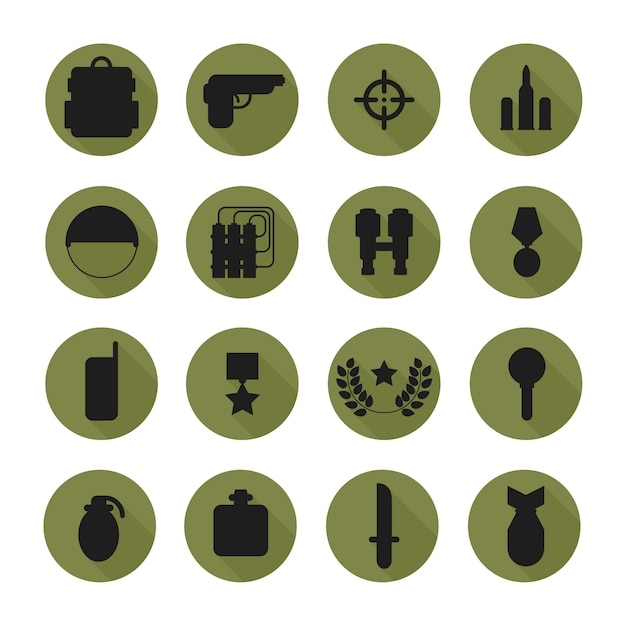 Military silhouette pictogram and war icons set 