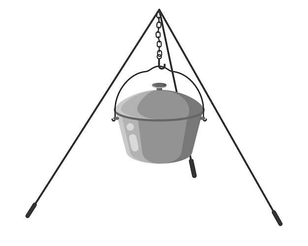 Military soldier metal camping pot or mess kit with tripod for cooking. Touristic equipment for camping and tourism.