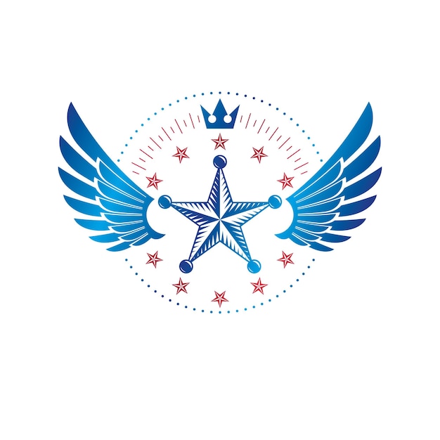 Military Star-embleem, gevleugeld overwinningsprijssymbool gemaakt met keizerskroon. Heraldische wapenschild decoratieve logo geïsoleerde vectorillustratie.