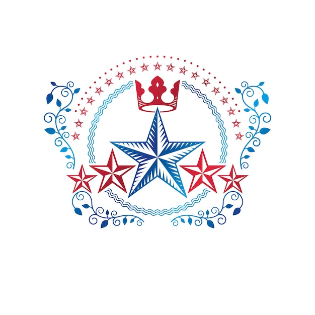 Military Star emblem created with royal crown and floral ornament. Heraldic vector design element, 5 stars guaranty insignia.  Retro style label, heraldry logo.