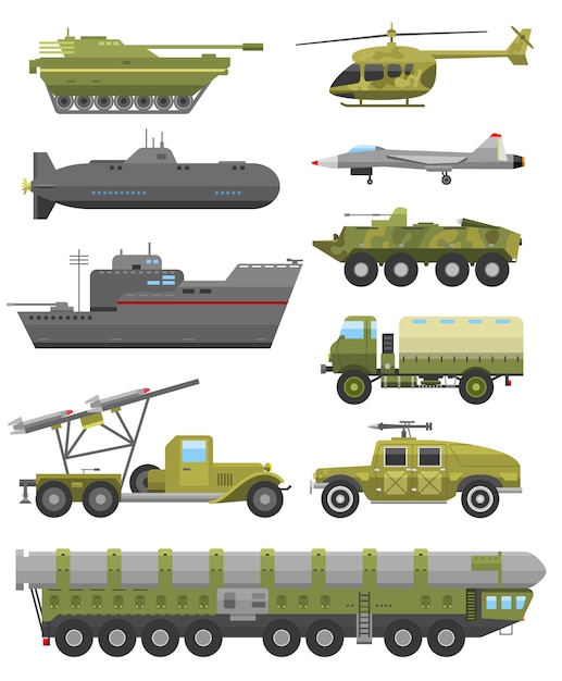 Vettore esercito di tecnica militare, carri armati e raccolta di carri armati di armatura tecnica industriale militare