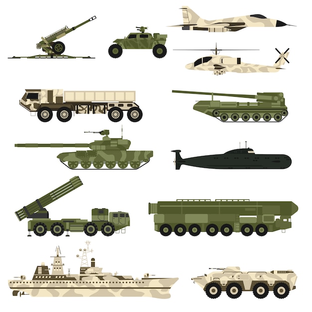 Вектор Комплект значка военной техники и танки панцыря плоская иллюстрация.