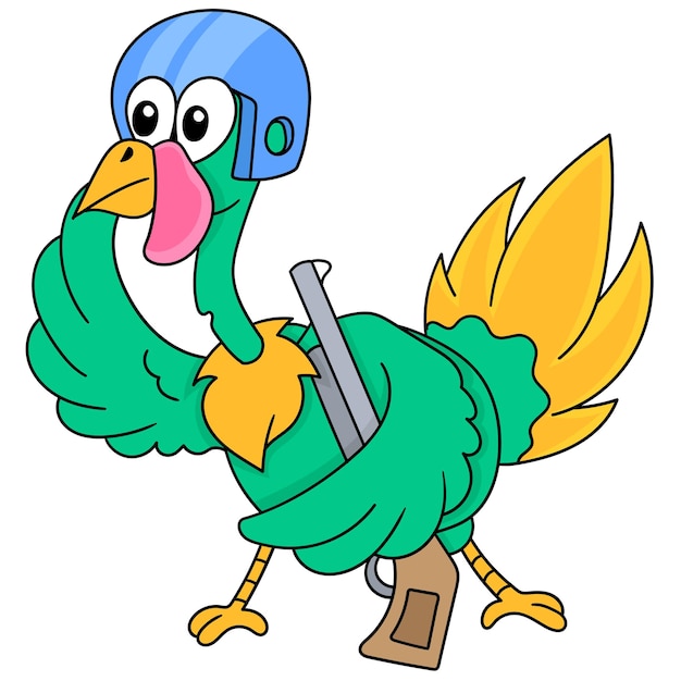 Military troop turkey carrying rifle ready for battle, character cute doodle draw. vector illustration