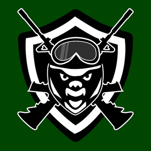 Military vector logo of a honey badger with machine guns and in a helmet Vector illustration