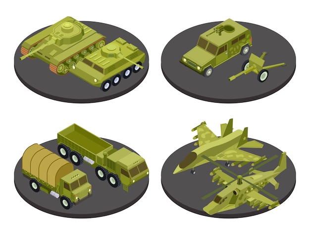 Military vehicles  icon set with tanks transport missile systems and artillery headlines  illustration