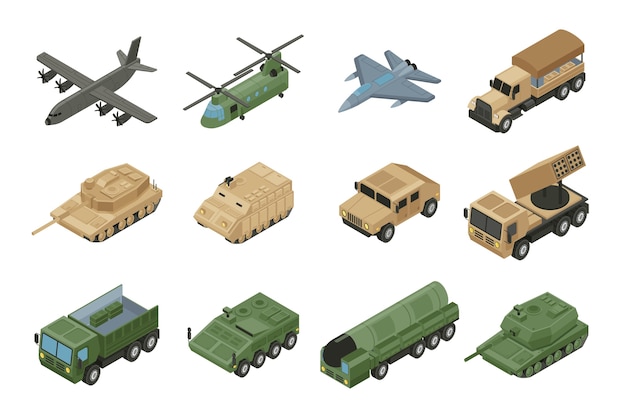 軍事車両アイソメトリック漫画アイコンセット
