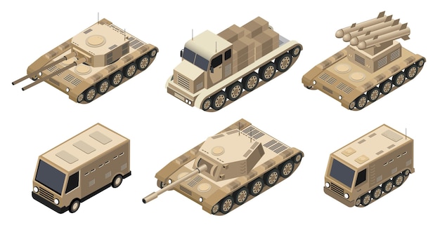 Military vehicles transporting soldiers and missiles in isometric view
