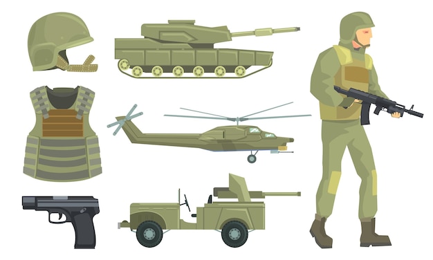 Вектор Военные транспортные средства оружие и солдат в армейской форме набор векторной иллюстрации
