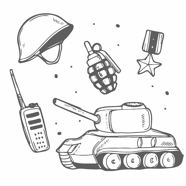 벡터 군대의 군사 및 전쟁 요소 전통적인 낙서 그린 스케치 손으로 만든 디자인 설정
