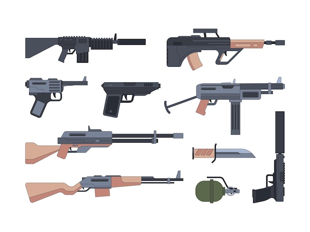 Military weapons and munition flat s set. Collection of silenced shotguns and guns. Assault rifles, bomb, knife. Army equipment pack.