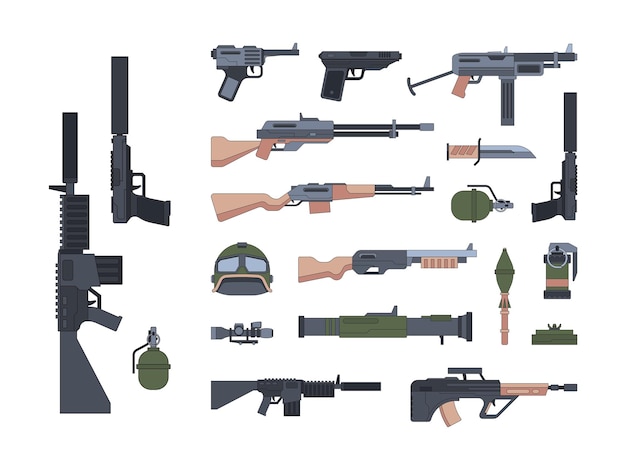 Vector military weapons and protection flat illustrations set. shotguns and silenced guns pack. a