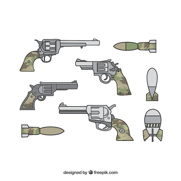 Military weapons with guns and pistols