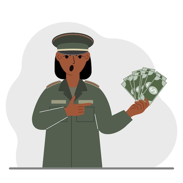 Military woman holds a lot of money in his hand the concept of payment for military service or service in the army under a contract