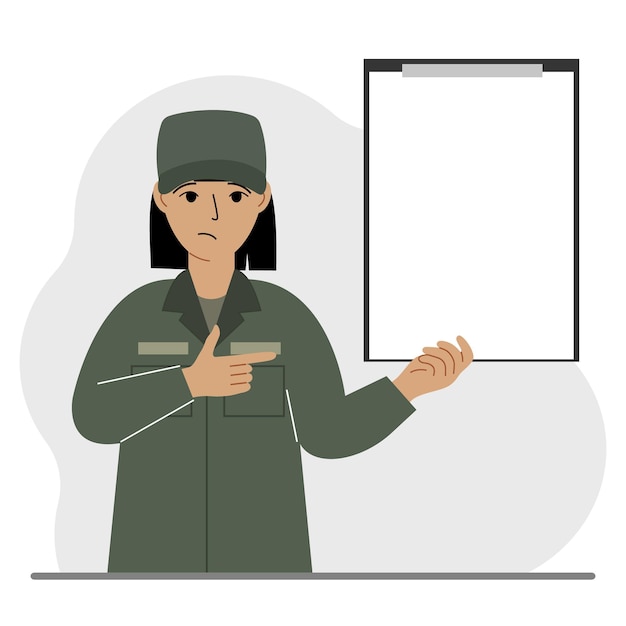 Military woman in uniform with clipboards and a white sheet of paper for text