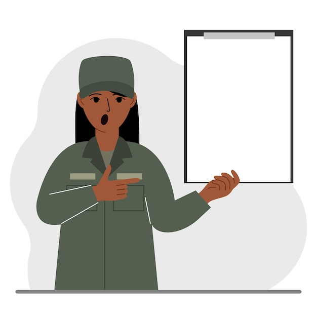 Military woman in uniform with clipboards and a white sheet of paper for text