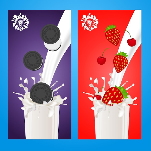 Vettore modello di banner pubblicitario per il latte schizzo moderno e dinamico in vetro liquido