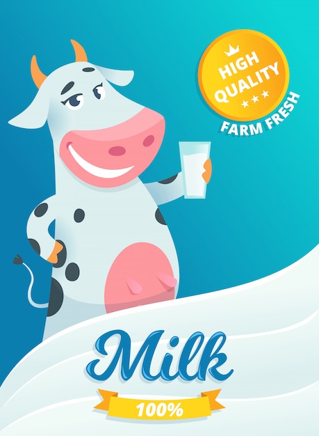 Milk advertizing. smiling cow standing with glass of fresh farm milk in package healthy vitamin milkshake splash  cartoon