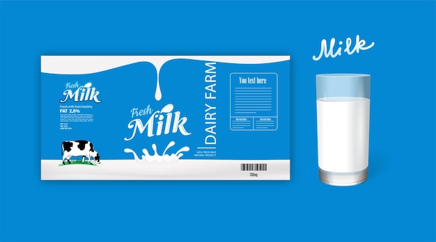 Vector milk bottle packaging with milk glass