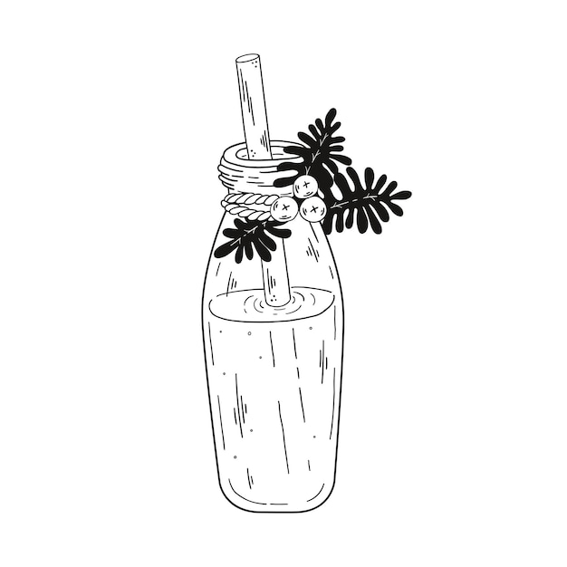 Vector milk in a bottle with a straw sketch by hand